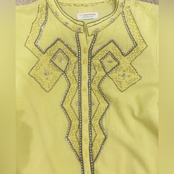 Anthropologie Pilcro Nayeli beaded rhinestone lace linen chartreuse shirt 1x - Picture 8 of 15